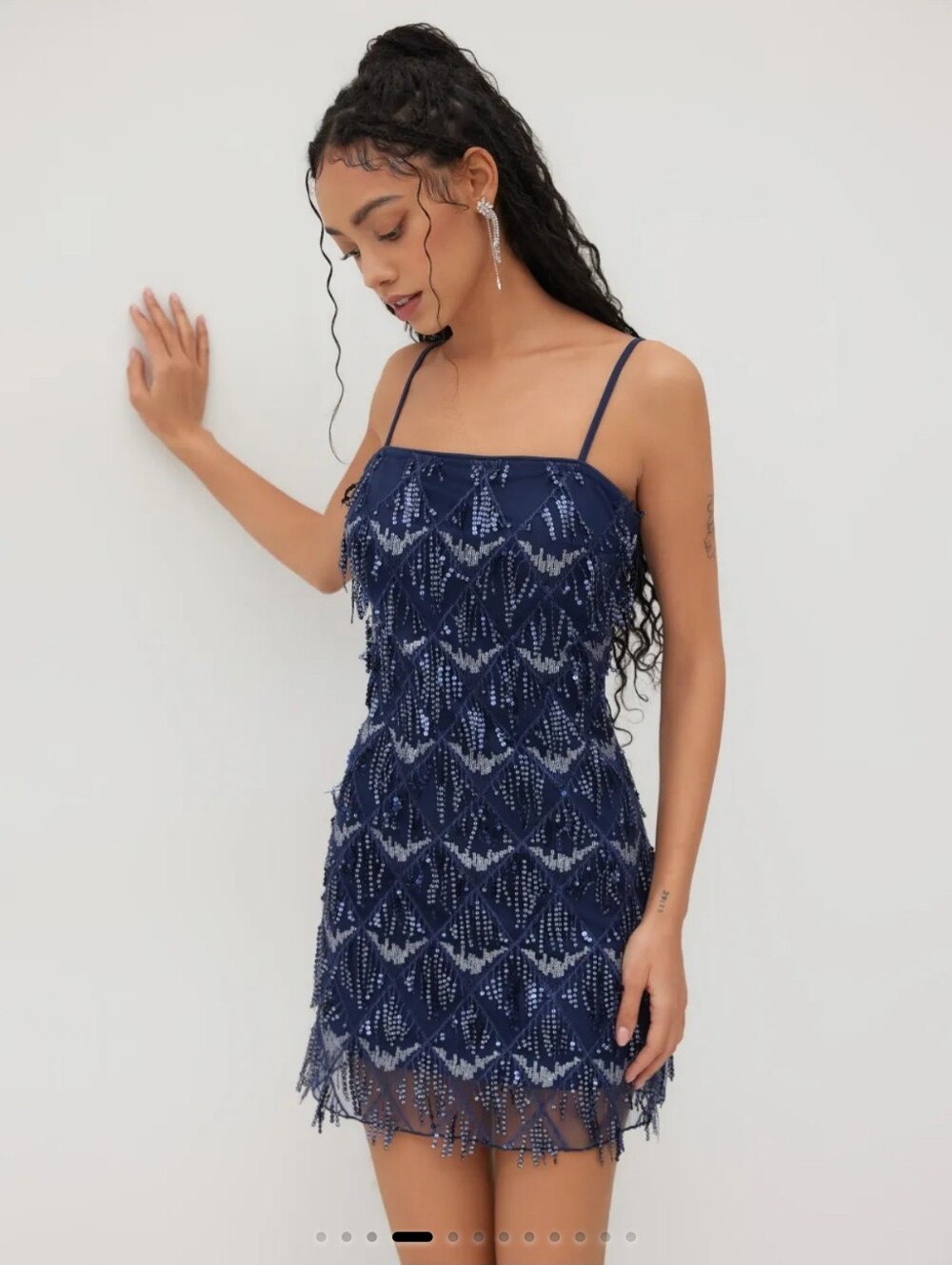 Cider Navy Beaded Fringe Spaghetti Strap Mini Dress